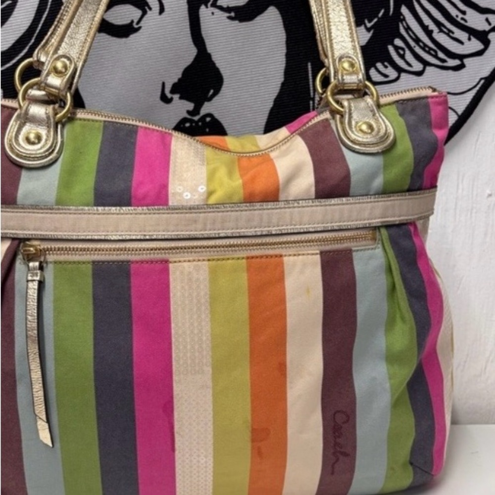 Coach Multicolor Striped Canvas Shoulder Bag with Gold Handles